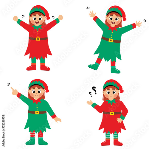 happy cute little child girls wearing green and red elf Christmas costume