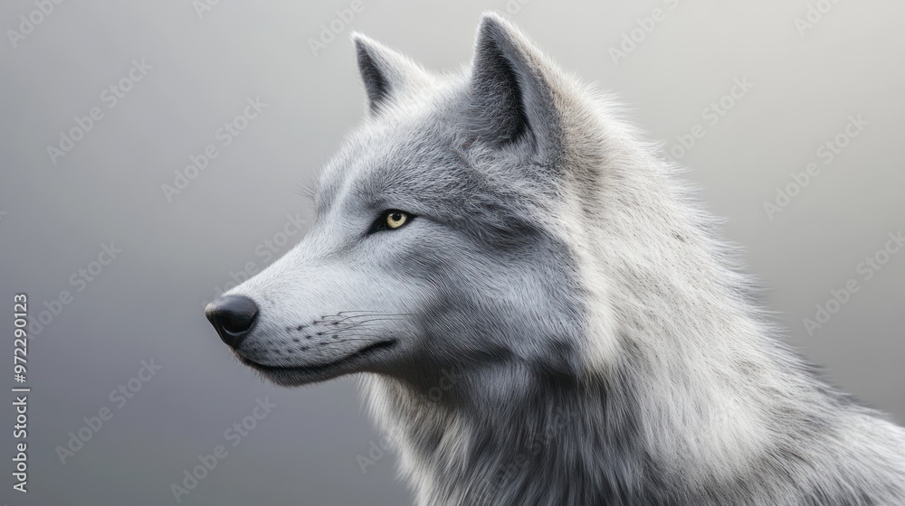 Obraz premium A majestic white wolf gazes thoughtfully into the distance with striking yellow eyes.