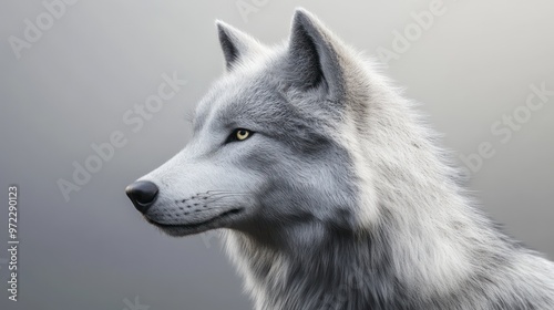 A majestic white wolf gazes thoughtfully into the distance with striking yellow eyes.