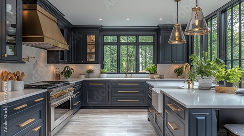 Modern kitchen with dark blue cabinets, white countertops and gold hardware. Large windows offer natural light.