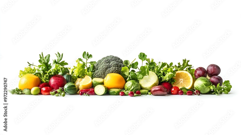 Fresh produce including fruits and vegetables isolated on a white background. Fresh produce including fruits and vegetables isolated on a white background.