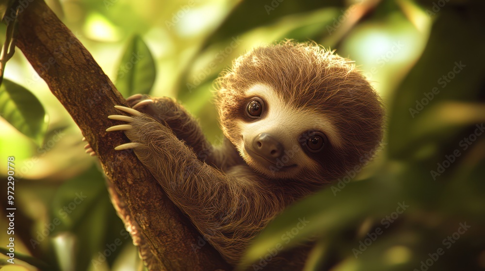 Fototapeta premium A cute baby sloth clings to a tree branch, showcasing its big eyes and soft fur in a vibrant green rainforest.