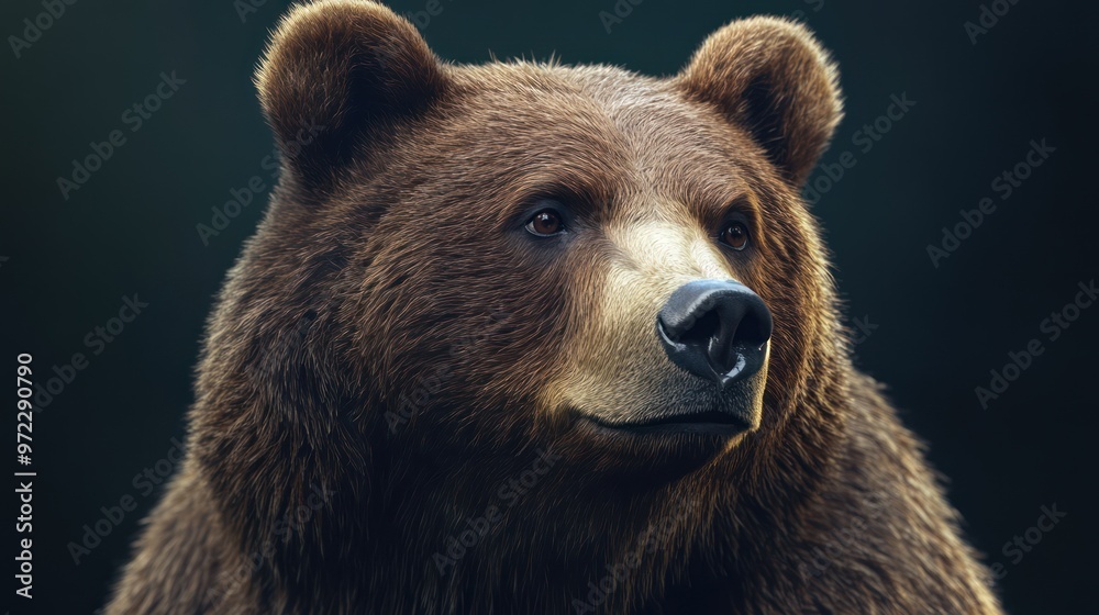 Obraz premium Close-up of a majestic brown bear, showcasing its expressive features and thick fur against a dark background.