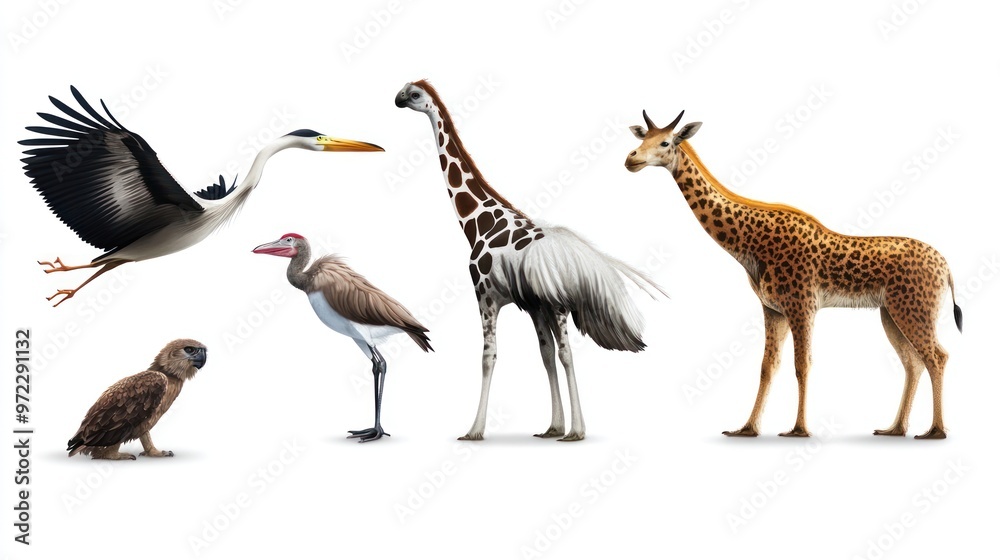 Obraz premium A diverse collection of wildlife featuring a heron, stork, giraffe, and leopard in dynamic poses against a white background.
