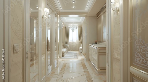Elegant Hallway Interior Design with Marble Floor and Ornate Doors