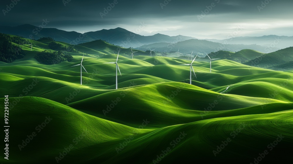 Vibrant green hills with wind turbines under a moody sky. Vibrant green hills with wind turbines under a moody sky.