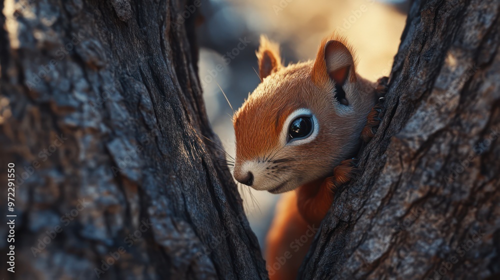 A close-up of a curious red squirrel peeking from behind a tree bark in soft golden light. A close-up of a curious red squirrel peeking from behind a tree bark in soft golden light.