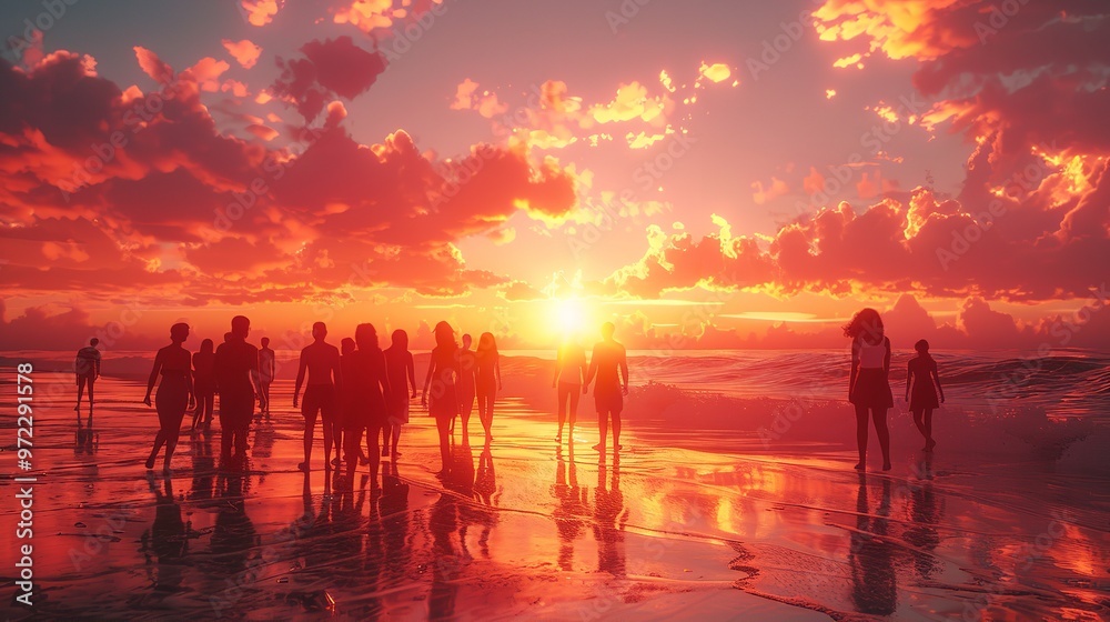 A person is walking in the ocean at sunset. The water is calm and the sky is filled with clouds. The scene is serene and peaceful, with the person's silhouette standing out against the orange A person is walking in the ocean at sunset. The water is calm and the sky is filled with clouds. The scene is serene and peaceful, with the person's silhouette standing out against the orange