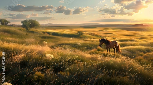 Horse Standing in a Golden Grass Field at Sunset