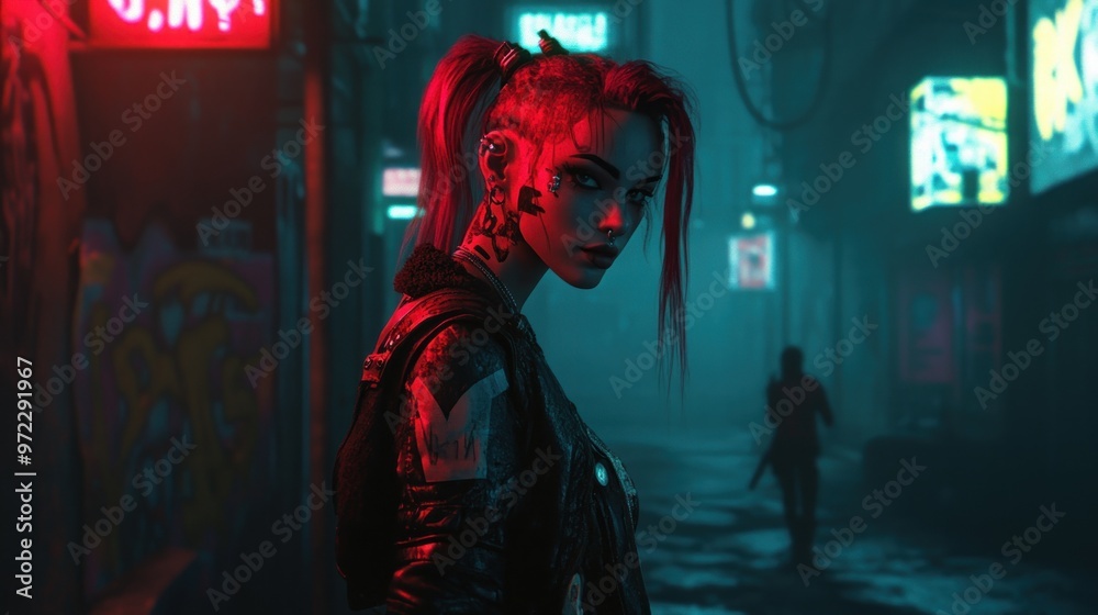 Cyberpunk character in front of a graffiti-covered wall.