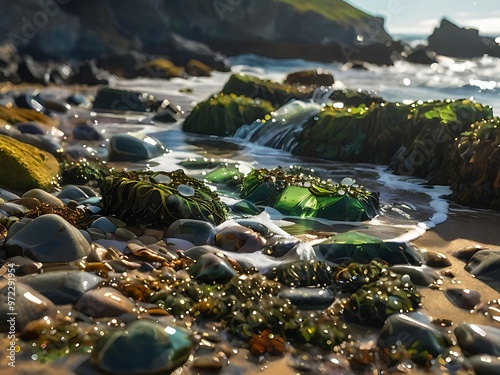 Wet stones on a shore covered in seaweed and barnacles, with waves gently washing over them under soft sunlight.