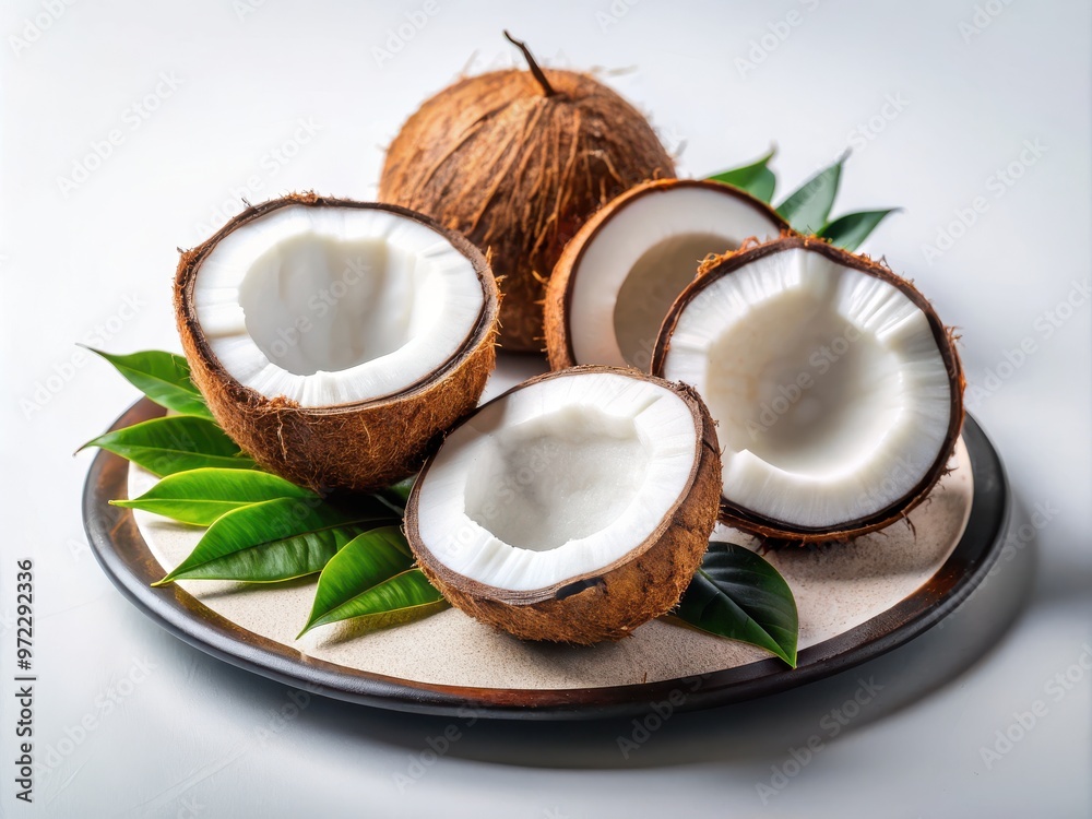 Halved coconuts with green leaves on plate Halved coconuts with green leaves on plate