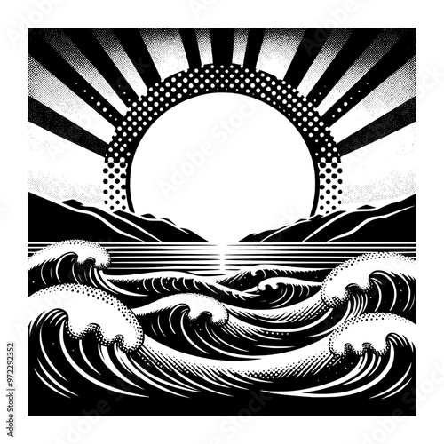 serene beach and rolling surf black and white design