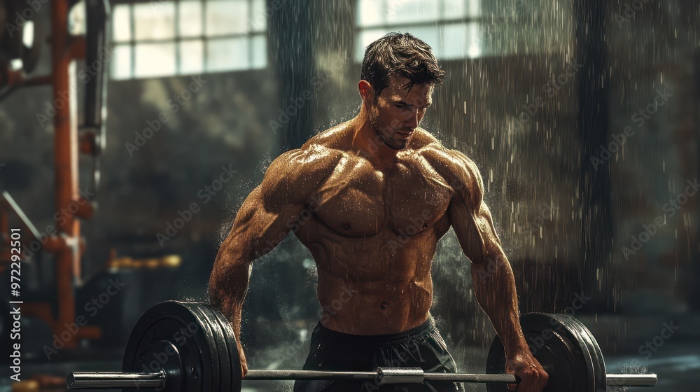 A muscular Caucasian man lifting a heavy barbell under dramatic lighting in a gym, showcasing strength and determination. A muscular Caucasian man lifting a heavy barbell under dramatic lighting in a gym, showcasing strength and determination.