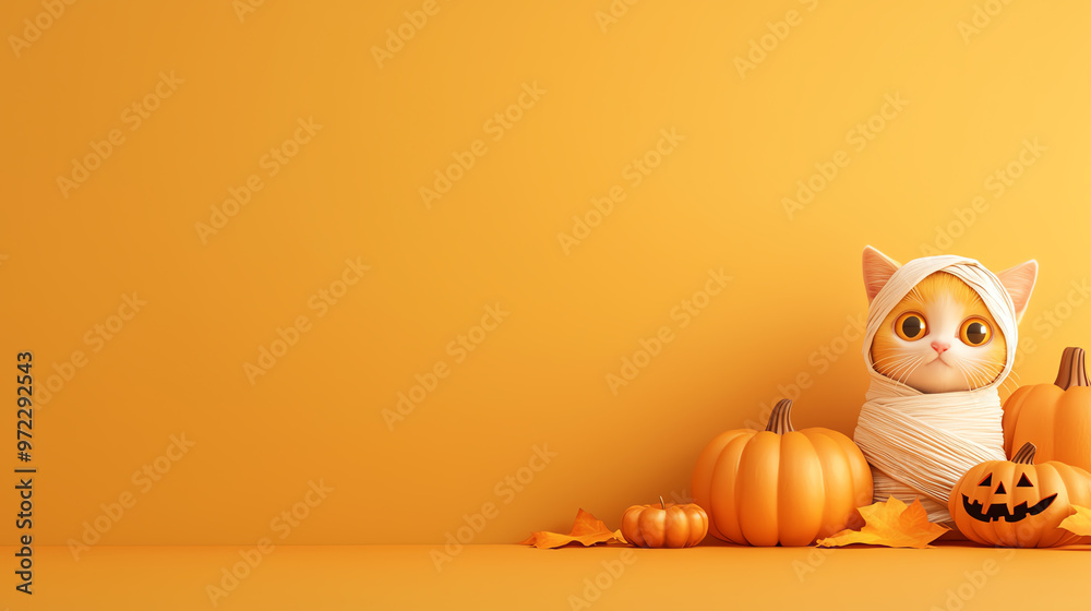 A cute cat dressed in a mummy costume surrounded by pumpkins on a vibrant yellow background, perfect for Halloween themes. A cute cat dressed in a mummy costume surrounded by pumpkins on a vibrant yellow background, perfect for Halloween themes.