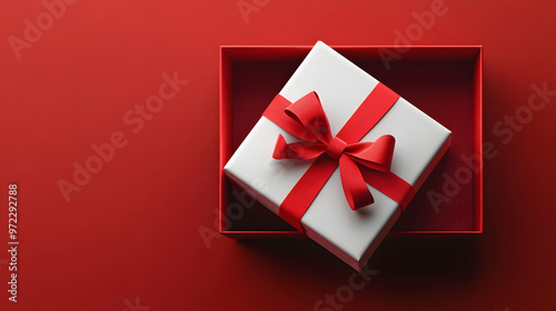 Blank white gift box open or top view of white present box tied with red ribbon bow isolated on dark red background with shadow minimal conceptual 3D rendering