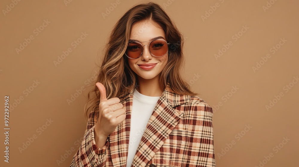 Fototapeta premium Photo of stunning nice woman wear stylish clothes thumb up feedback isolated on khaki color background