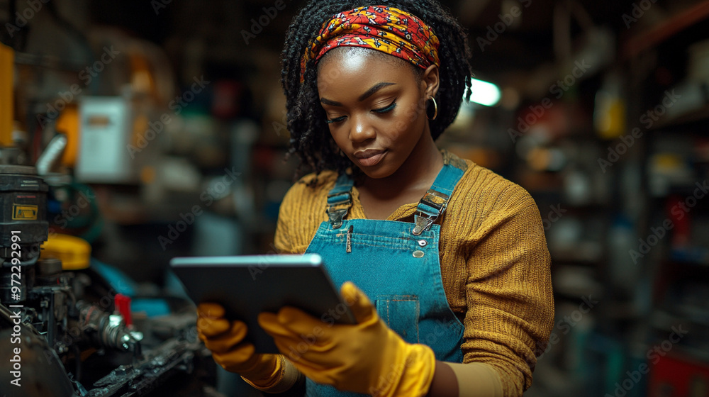 A focused woman in work gloves checks her tablet while working in a workshop filled with tools and equipment. A focused woman in work gloves checks her tablet while working in a workshop filled with tools and equipment.