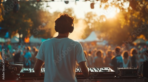 Young DJ electrifying the stage with music at a summer festival