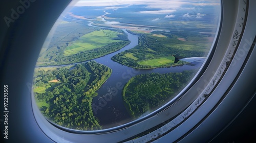 Aerial View of a Winding River Through Lush Green Landscape