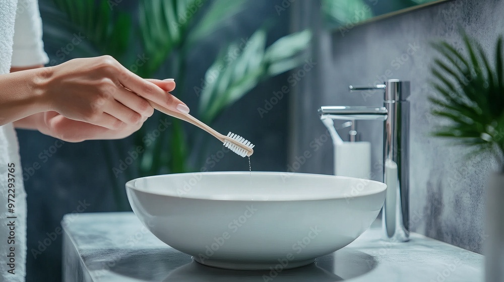 Cropped photo of lady hands arms preparing brushing teeth indoors bathroom home house