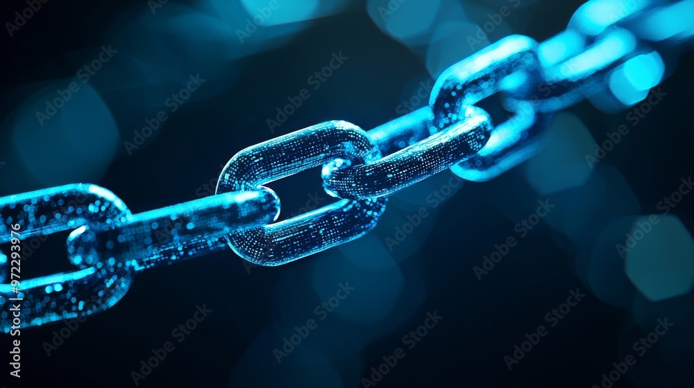 Blue chain links suspended in a cosmic backdrop, intricate details highlighted against a vast, starry expanse, evoking a sense of connection and infinity. Blue chain links suspended in a cosmic backdrop, intricate details highlighted against a vast, starry expanse, evoking a sense of connection and infinity.