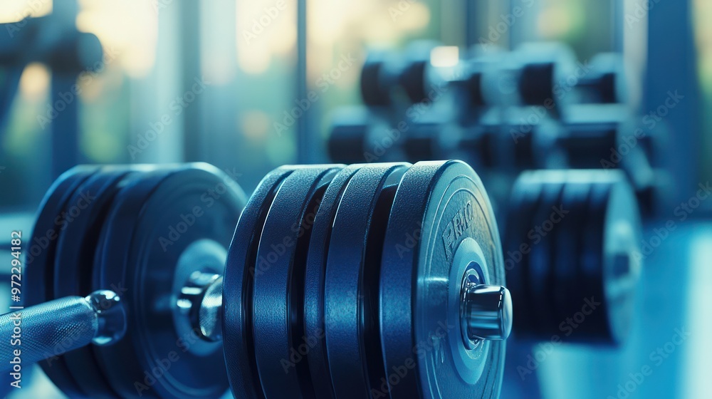 Fototapeta premium Close-up of a heavy dumbbell with a blurred background of additional weights, conveying strength and determination.