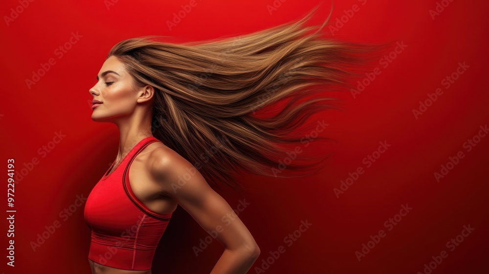 custom made wallpaper toronto digitalA graceful young woman with long, flowing hair poses against a vibrant red background, exuding confidence and vitality.