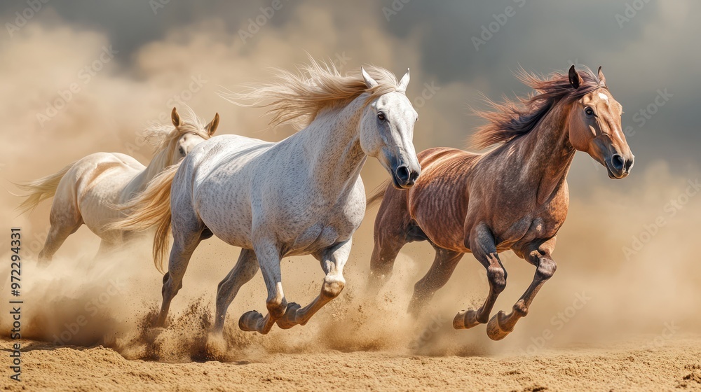 Obraz premium Three majestic horses, a white stallion and a brown mare, galloping together through golden sand, creating a dramatic dust cloud.