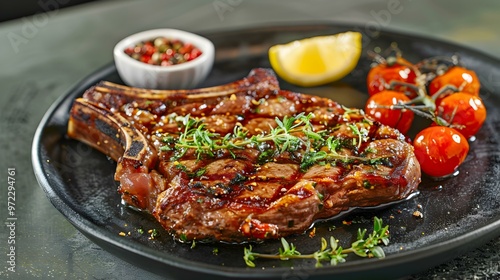 Juicy Grilled Steak with Lemon and Tomatoes Food Photography