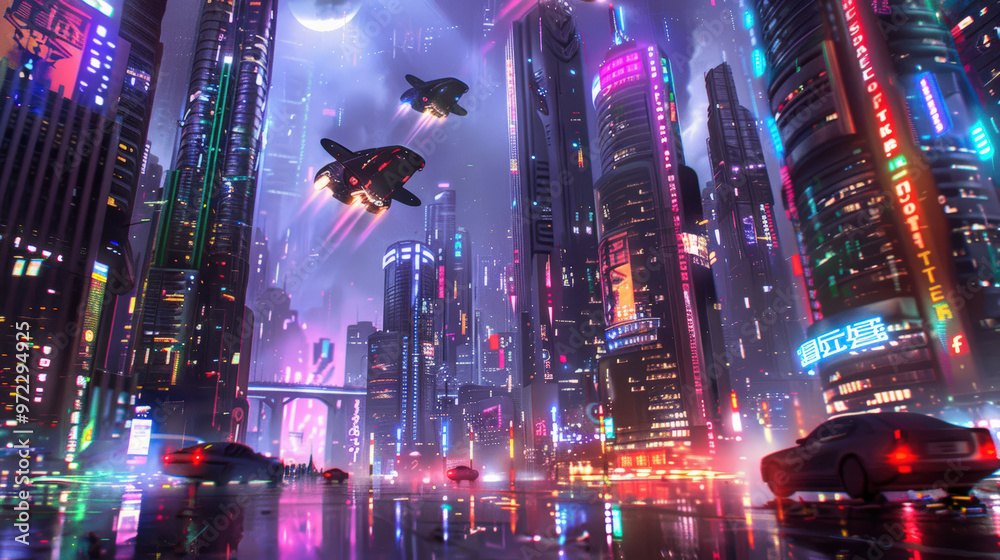 A cityscape with neon lights and flying cars A cityscape with neon lights and flying cars