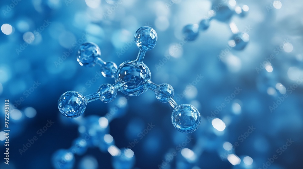 Blue transparent molecule model over blue Blue transparent molecule model over blue