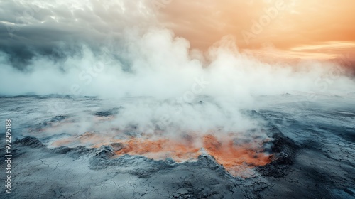 This image depicts a surreal geothermal landscape with a striking contrast between turquoise blue and orange-hued thermal pools. Mist rises gently from the surface.