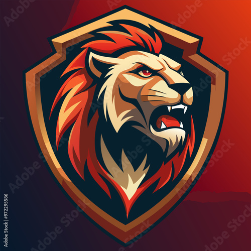 shield with an image of a roaring lion in profile, vector illustration flat 2