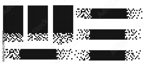 Horizontal title tag set pixel effect, mosaic footer, label. Geometric edges layot header banner. For text or design. 