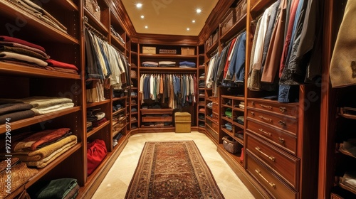 A luxurious walk-in closet with rows of shelves, drawers, and perfectly organized clothing and accessories.