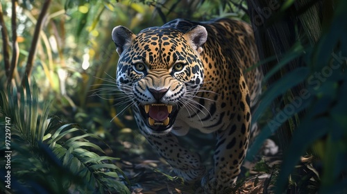 A fierce jaguar prowls through a dense jungle, showcasing its striking spotted coat and intense gaze.