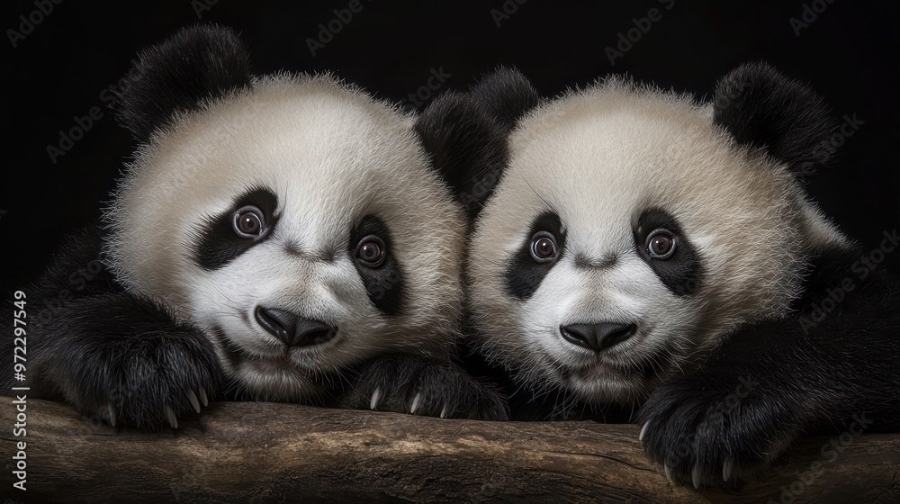 Fototapeta premium Two adorable giant panda cubs, showcasing their expressive faces against a dark background.