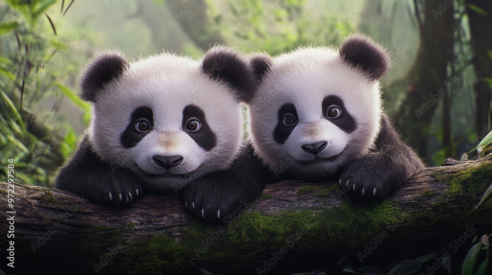 Fototapeta premium Two adorable baby pandas playfully peeking from a moss-covered tree branch in a lush green forest.