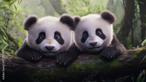 Two adorable baby pandas playfully peeking from a moss-covered tree branch in a lush green forest.