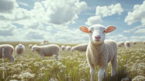 A curious lamb stands in a lush green field, surrounded by fluffy clouds and grazing sheep in the background.