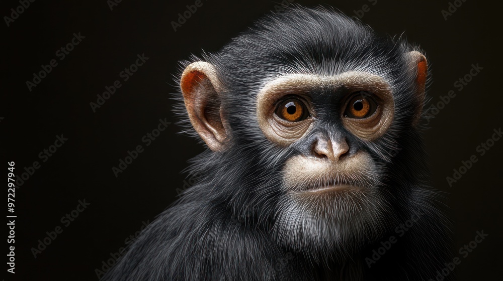 Close-up of a young chimpanzee with expressive brown eyes and soft black fur against a dark background. Close-up of a young chimpanzee with expressive brown eyes and soft black fur against a dark background.