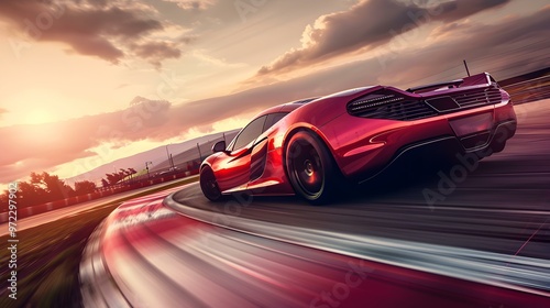 Red Sports Car on Race Track at Sunset