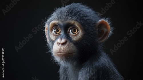 Close-up portrait of a young chimpanzee against a dark background, showcasing its expressive eyes and soft fur.