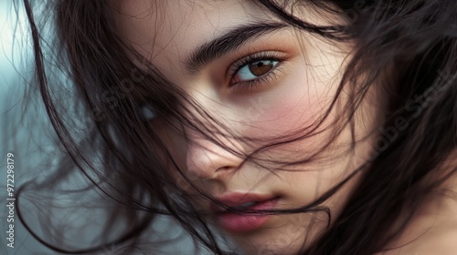 A Persian woman with dark brown hair gently blowing in the wind, her soft pink blush giving