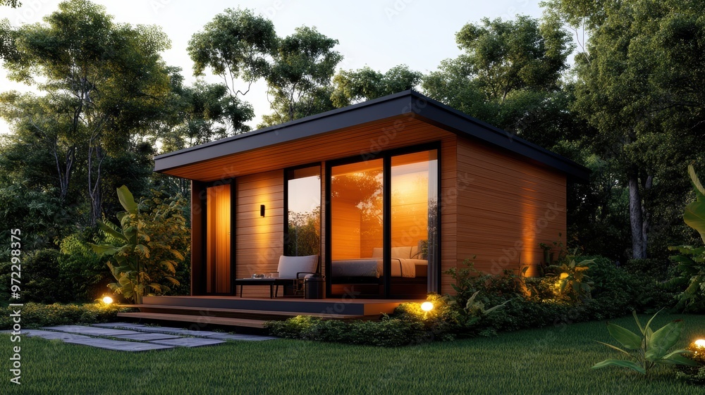 Modern wooden cabin surrounded by lush greenery, showcasing peaceful serenity and contemporary architecture at sunset.