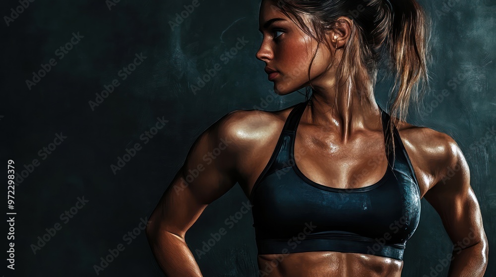 Obraz premium Athletic young woman with toned muscles showcasing her strength in a dramatic, low-light setting.