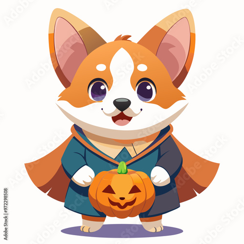 cute kawaii corgi in tunic holding a pumpkin treat bag, white background, very cute, vector