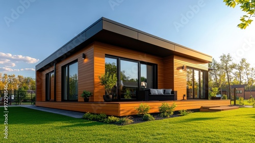 Modern wooden house surrounded by lush greenery, showcasing contemporary architecture and a serene outdoor space.