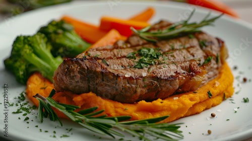 Grilled Steak with Sweet Potato Mash and Roasted Vegetables